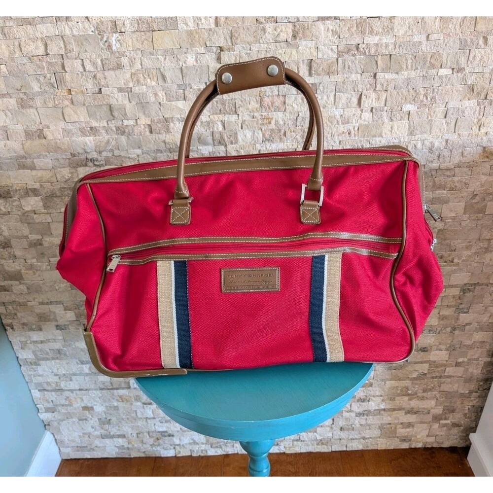 Tommy Hilfiger Red Heritage Prep Vintage Aesthetic Luggage Rolling Duffle Tote